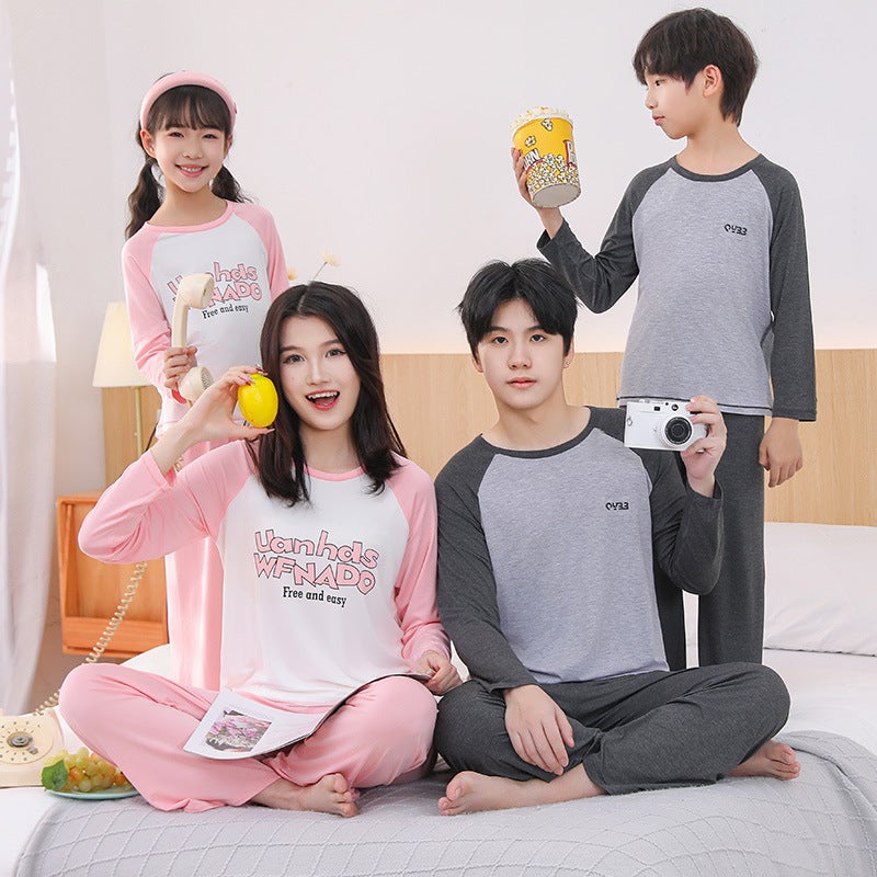 25 Parent-Child Modal Home Clothes Suit Children'S Air-Conditioning Clothes Large Children'S Spliced Long-Sleeved Pants Pajamas Two-Piece Set - Image 2