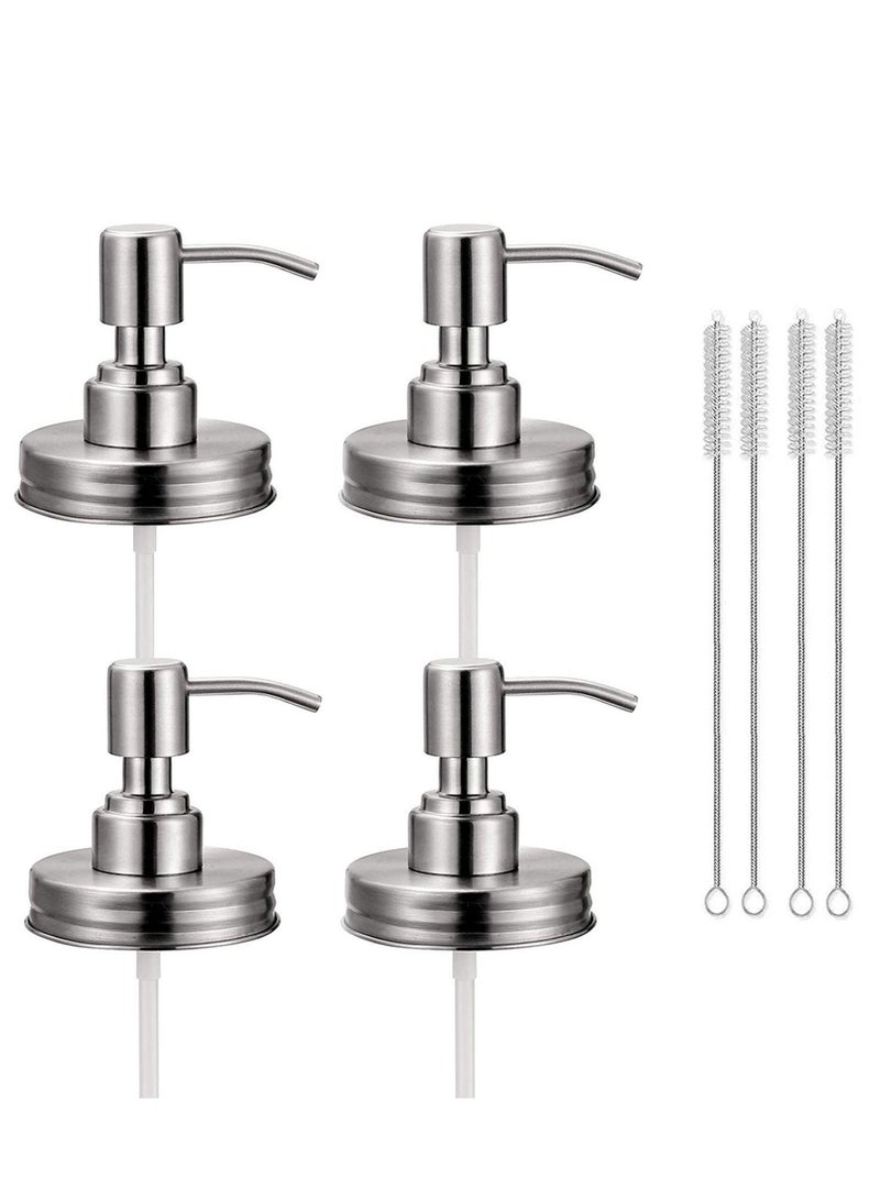 Y&D 4 Pack Mason Jar Soap Dispenser Lids with Pumps, 304 Stainless Steel Rust Proof Pump and Lid Replacement for 16 oz Regular Mouth Decor, Brushes Included Silver - Image 1
