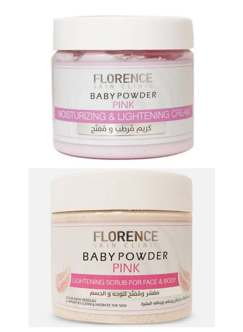 فلورنسا كريم مرطب ومفتح للبشرة بتركيبة بودرة الأطفال الوردية، 300 مل، ومقشر مفتح للبشرة بتركيبة بودرة الأطفال الوردية للوجه والجسم، 300 مل - Image 1