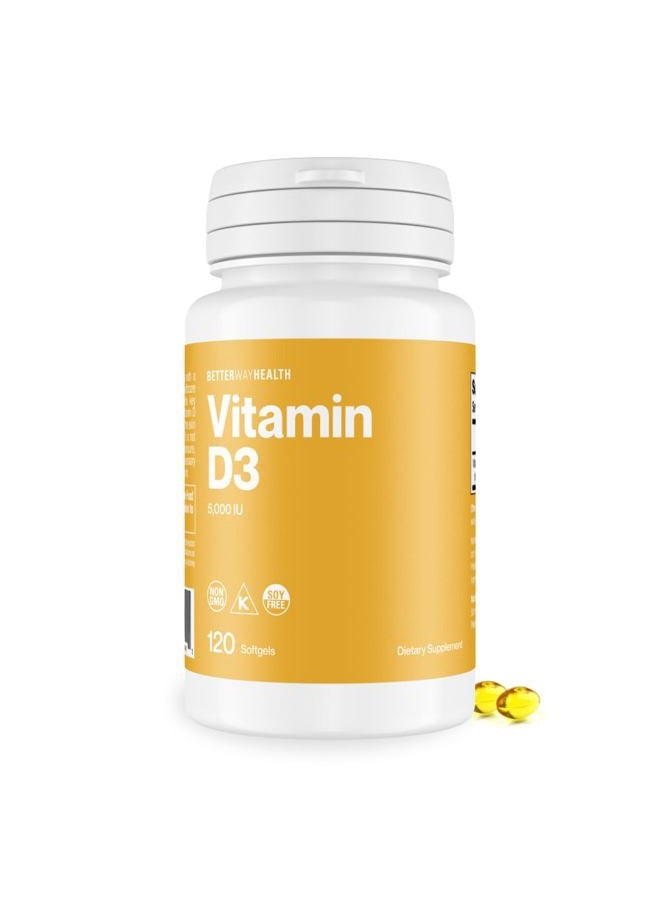 Better Way Health Vitamin D3 5,000 IU Gelcap - High Potency Formula, Supports Bone Health & Immune System - 120 Softgels of Vitamin D3 - Non-GMO, Soy Free - Image 1