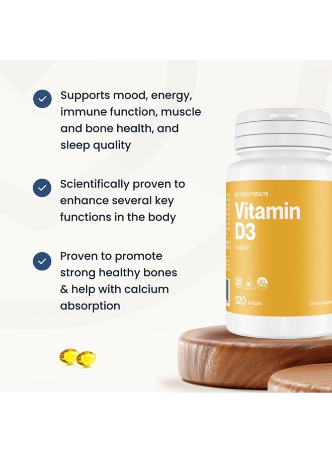 Better Way Health Vitamin D3 5,000 IU Gelcap - High Potency Formula, Supports Bone Health & Immune System - 120 Softgels of Vitamin D3 - Non-GMO, Soy Free - Image 4