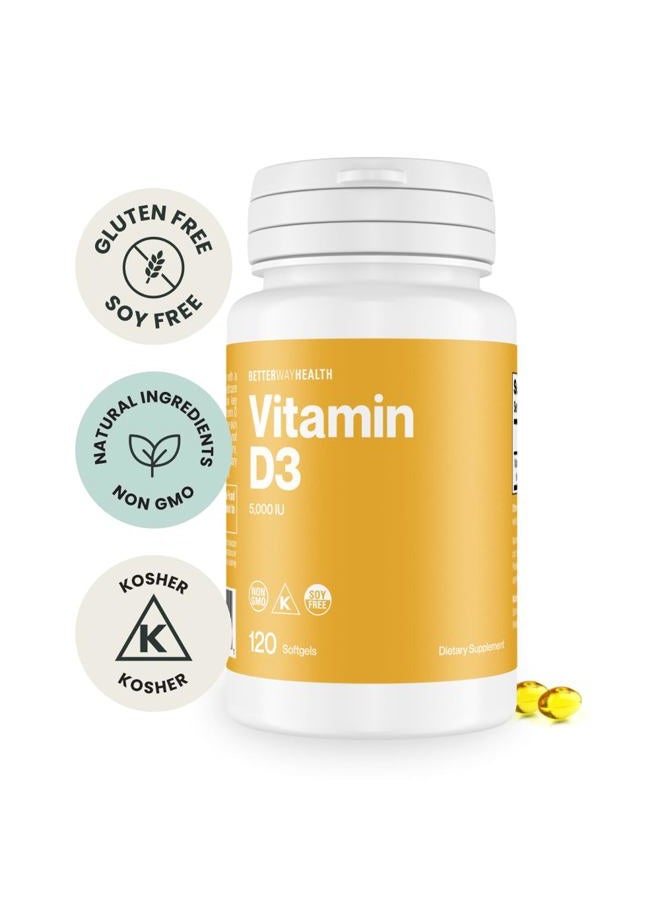 Better Way Health Vitamin D3 5,000 IU Gelcap - High Potency Formula, Supports Bone Health & Immune System - 120 Softgels of Vitamin D3 - Non-GMO, Soy Free - Image 2