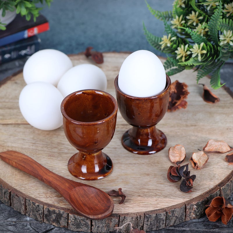 QIMACPLUS Soft Boiled Egg Holder | Ceramic Egg Cup Set | Ceramic Egg Holder Pottery Housewarming Gift Set of 2 (Brown) - Image 5