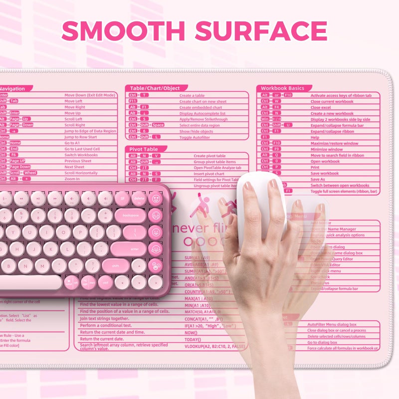 iCasso Pink Excel Cheat Sheet Desk Mat with Excel for Dummies,Excel Shortcuts Mousepad, Extended Large XXL Non-Slip Exel Mousepad with Stitched Edges,Computer Mats for Desktop Protector - Image 4
