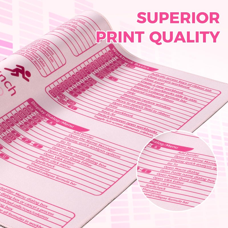 iCasso Pink Excel Cheat Sheet Desk Mat with Excel for Dummies,Excel Shortcuts Mousepad, Extended Large XXL Non-Slip Exel Mousepad with Stitched Edges,Computer Mats for Desktop Protector - Image 5