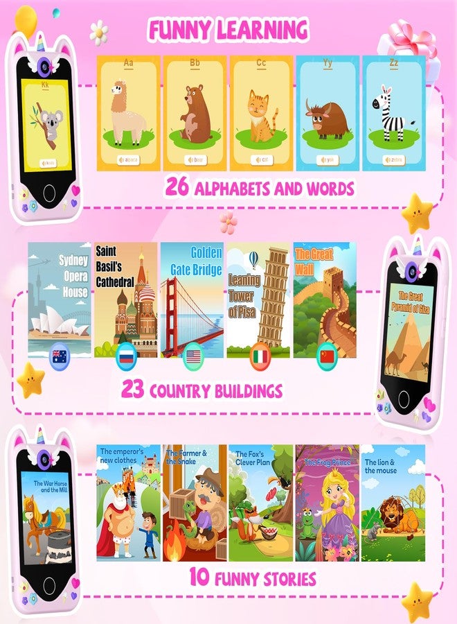 Yosfeng Kids Smart Phone for Girls Gifts - Toddler Birthday Gift for Age 3 4 5 6 Year Old, Kid Mobile Phone Learning Toy with Touchscreen, Dual Cameras, Learning, Music Player, Games with 32 GB Card - Image 5