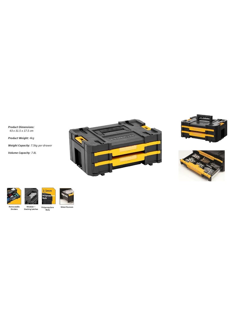 DEWALT DEWALT DWST170706 TSTAK Double Shallow Drawers of 75 kg Weight Capacity Each BiMaterial Carry Handle Removable Dividers For Drills Bits Organization Robust Rugged Design 44x31x18 cm  - Image 5