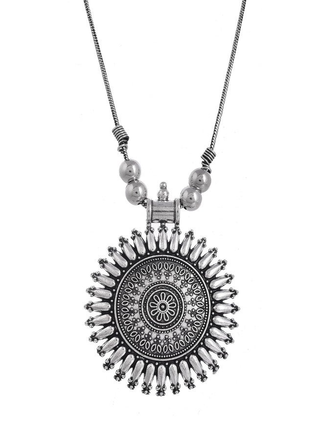 Naman Arts Oxidised Round Mandala Pendant Necklace for Women | Antique Circular Charm with Drops | Pure Brass Lightweight Ethnic Boho Chain Necklace - Image 1