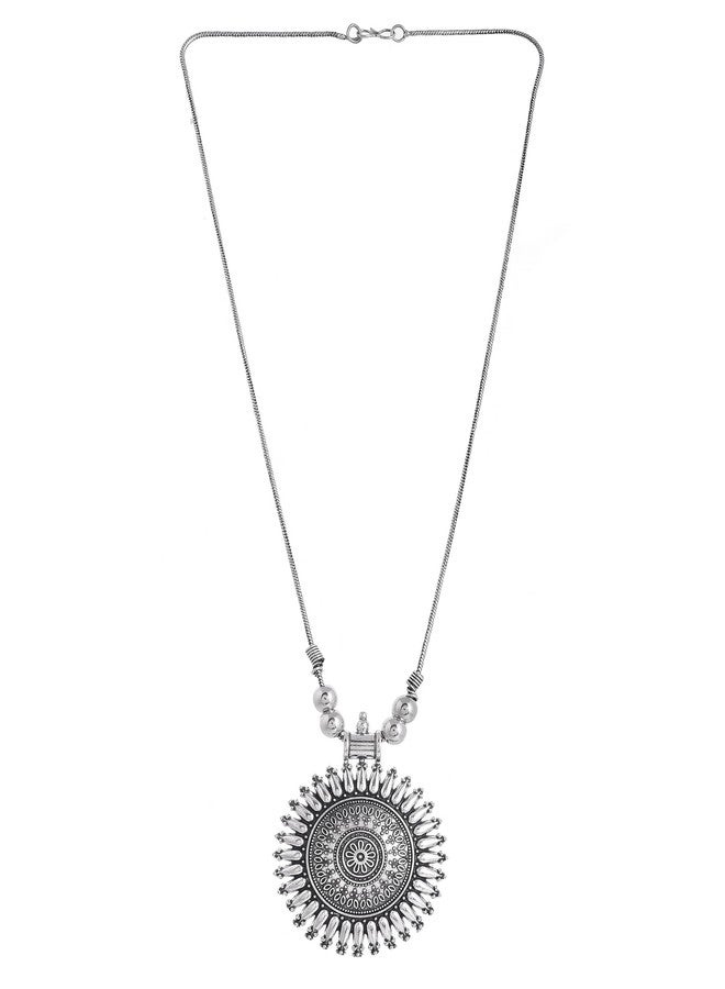 Naman Arts Oxidised Round Mandala Pendant Necklace for Women | Antique Circular Charm with Drops | Pure Brass Lightweight Ethnic Boho Chain Necklace - Image 2