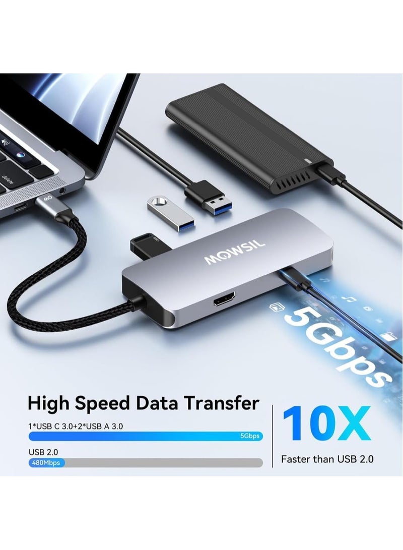 MOWSIL MOWSIL USB-C Hub 6-in-1-4K 30Hz HDMI, 3x USB 3.0, Gigabit Ethernet, 100W PD Charging, Aluminum Alloy, for MacBook Pro/Air, iPad Pro, XPS, Laptops - Image 2