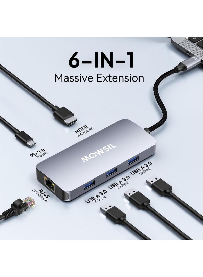 MOWSIL MOWSIL USB-C Hub 6-in-1-4K 30Hz HDMI, 3x USB 3.0, Gigabit Ethernet, 100W PD Charging, Aluminum Alloy, for MacBook Pro/Air, iPad Pro, XPS, Laptops - Image 1
