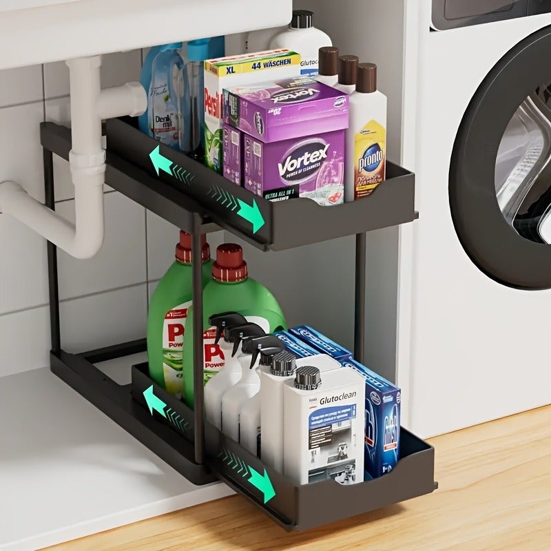1pc Kitchen Sink Organizer Basket, Double-Layer Pull-Out Storage Basket, Multi-Functional Storage Rack, Kitchen, Sink, Bathroom, Office Multi-Functional Storage Basket, Utility Racks - Image 4