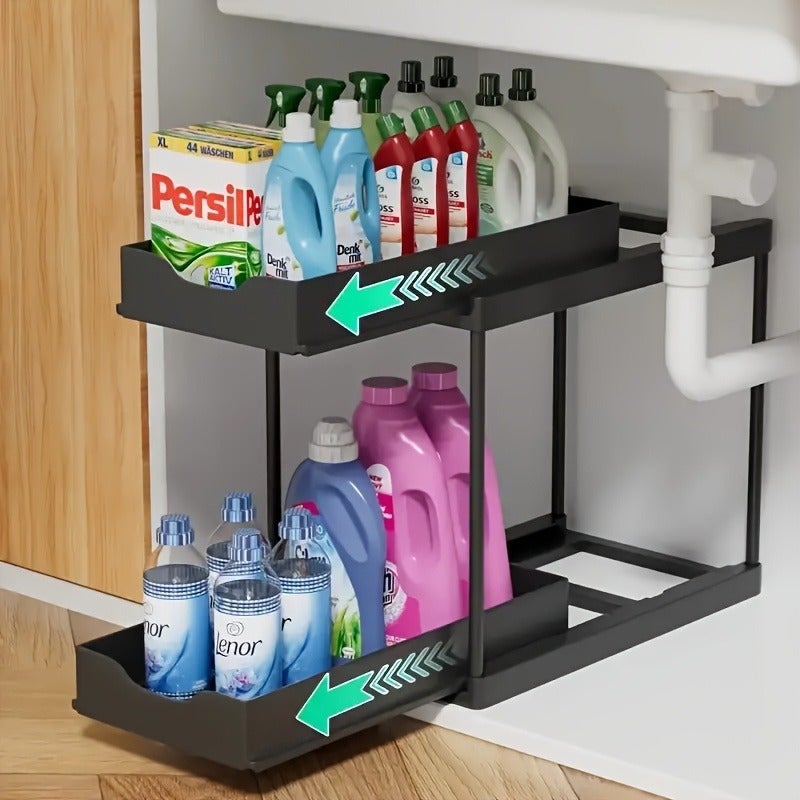 1pc Kitchen Sink Organizer Basket, Double-Layer Pull-Out Storage Basket, Multi-Functional Storage Rack, Kitchen, Sink, Bathroom, Office Multi-Functional Storage Basket, Utility Racks - Image 2