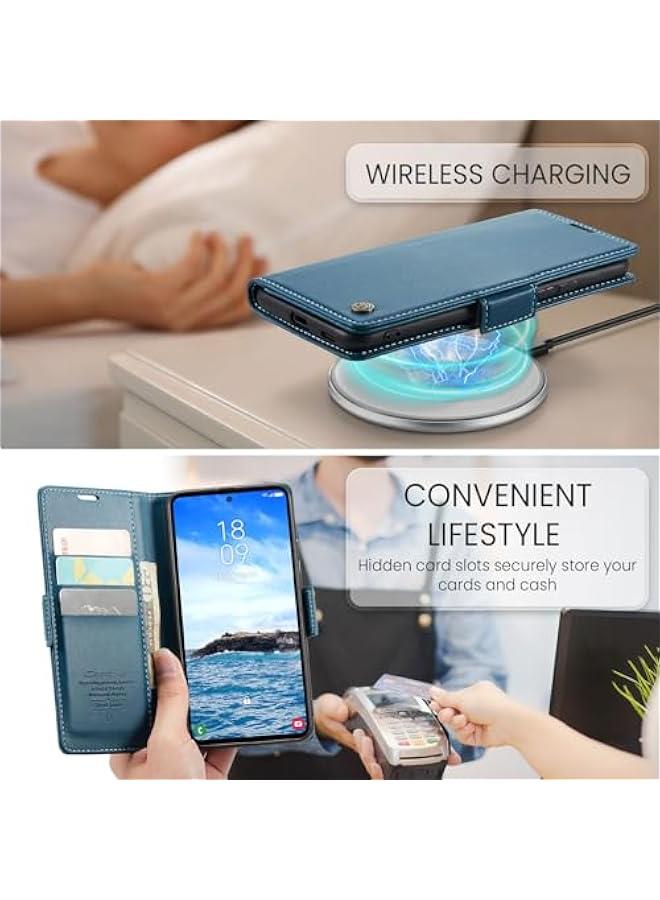 حافظة محفظة من جلد البولي يوريثان الأزرق لهاتف سامسونج جالاكسي اس 25 مع حامل بطاقة ائتمان ، تصميم فوليو فليب ، مسنده ، مشبك مغناطيسي-حافظة هاتف أنيقة ووقائية للرجال والنس - Image 2