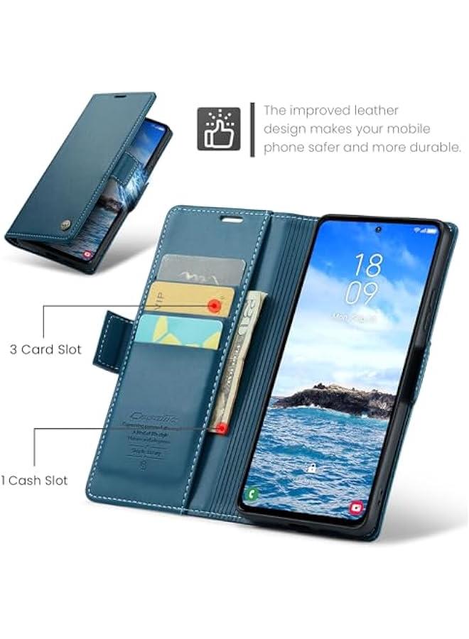 حافظة محفظة من جلد البولي يوريثان الأزرق لهاتف سامسونج جالاكسي اس 25 مع حامل بطاقة ائتمان ، تصميم فوليو فليب ، مسنده ، مشبك مغناطيسي-حافظة هاتف أنيقة ووقائية للرجال والنس - Image 3