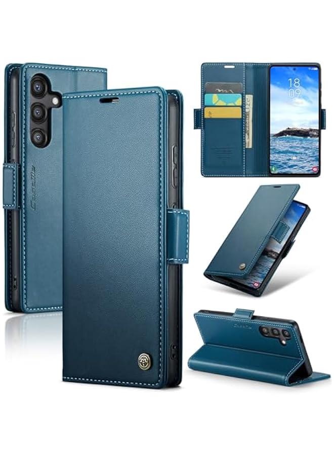 حافظة محفظة من جلد البولي يوريثان الأزرق لهاتف سامسونج جالاكسي اس 25 مع حامل بطاقة ائتمان ، تصميم فوليو فليب ، مسنده ، مشبك مغناطيسي-حافظة هاتف أنيقة ووقائية للرجال والنس - Image 1