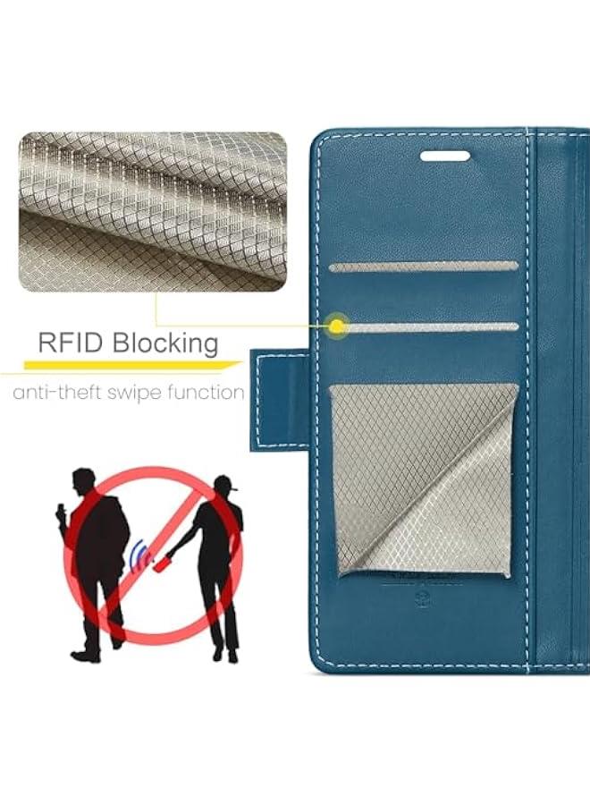 حافظة محفظة من جلد البولي يوريثان الأزرق لهاتف سامسونج جالاكسي اس 25 مع حامل بطاقة ائتمان ، تصميم فوليو فليب ، مسنده ، مشبك مغناطيسي-حافظة هاتف أنيقة ووقائية للرجال والنس - Image 4