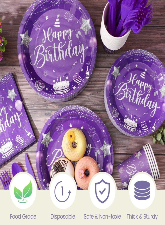 Vesici 350 Pcs Happy Birthday Party Supplies Disposable Party Tableware Set Serves 50 Included Plates Napkins Cups Cutlery for Men Woman 50th 80th Birthday Party Decorations (Silver Purple) - Image 5