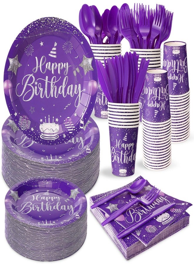 Vesici 350 Pcs Happy Birthday Party Supplies Disposable Party Tableware Set Serves 50 Included Plates Napkins Cups Cutlery for Men Woman 50th 80th Birthday Party Decorations (Silver Purple) - Image 1