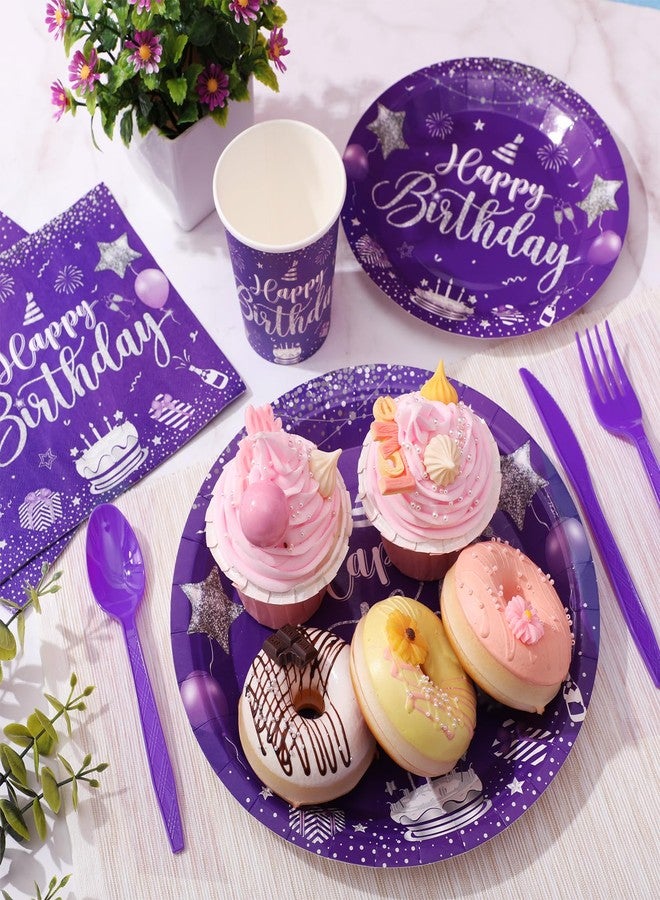 Vesici 350 Pcs Happy Birthday Party Supplies Disposable Party Tableware Set Serves 50 Included Plates Napkins Cups Cutlery for Men Woman 50th 80th Birthday Party Decorations (Silver Purple) - Image 3