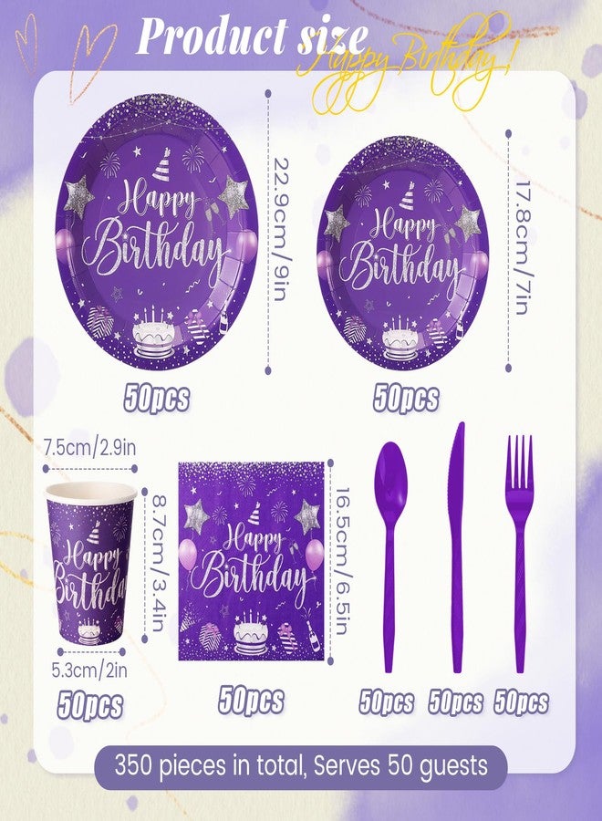 Vesici 350 Pcs Happy Birthday Party Supplies Disposable Party Tableware Set Serves 50 Included Plates Napkins Cups Cutlery for Men Woman 50th 80th Birthday Party Decorations (Silver Purple) - Image 4