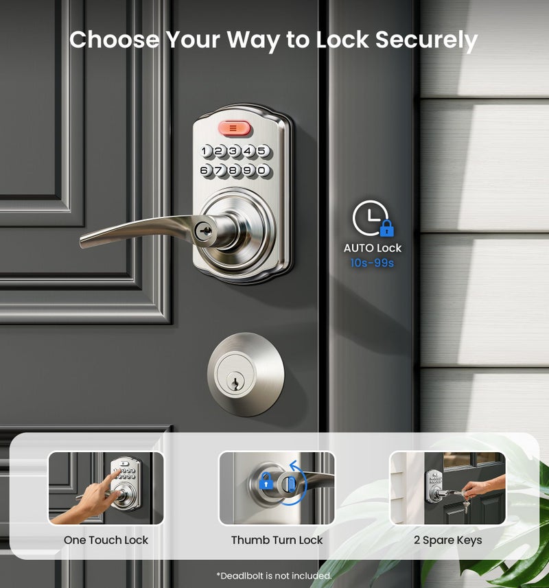 Veise Keypad Door Lock with Handle, Keyless Entry for Front Door & Bedroom, Electronic Lock with Code, Auto-Locking, Easy Installation, Passage Mode, Satin Nickel - Image 3