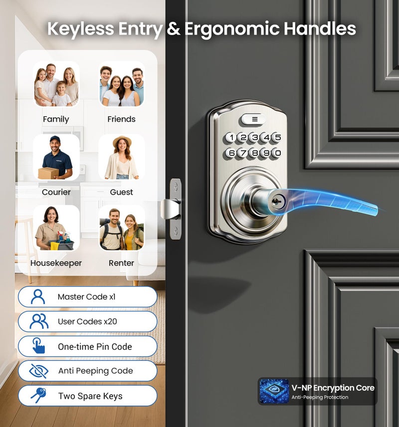 Veise Keypad Door Lock with Handle, Keyless Entry for Front Door & Bedroom, Electronic Lock with Code, Auto-Locking, Easy Installation, Passage Mode, Satin Nickel - Image 2