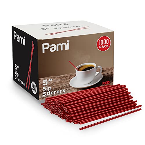 PAMI Disposable 5in Plastic Sip Stirrers/Straws, Value Pack of 1000 Stirring Sticks for Hot & Cold Drinks, Cocktail & Coffee Bar Stir Straws (Red One Size) - Image 1