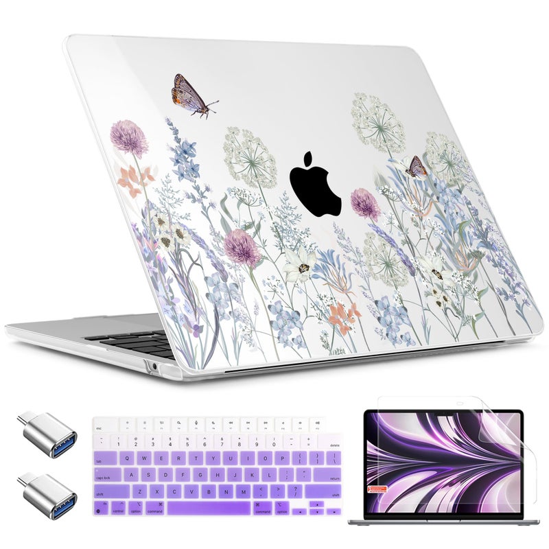TWOLSKOO for MacBook Air 13 inch Case M4 A3240 M3 A3113 M2 A2681 2025 2024 2022 Plastic Hard Shell, Keyboard Cover, Type C Adapter, Screen Protector for MacBook Air 13.6 inch, Dandelions - Image 1