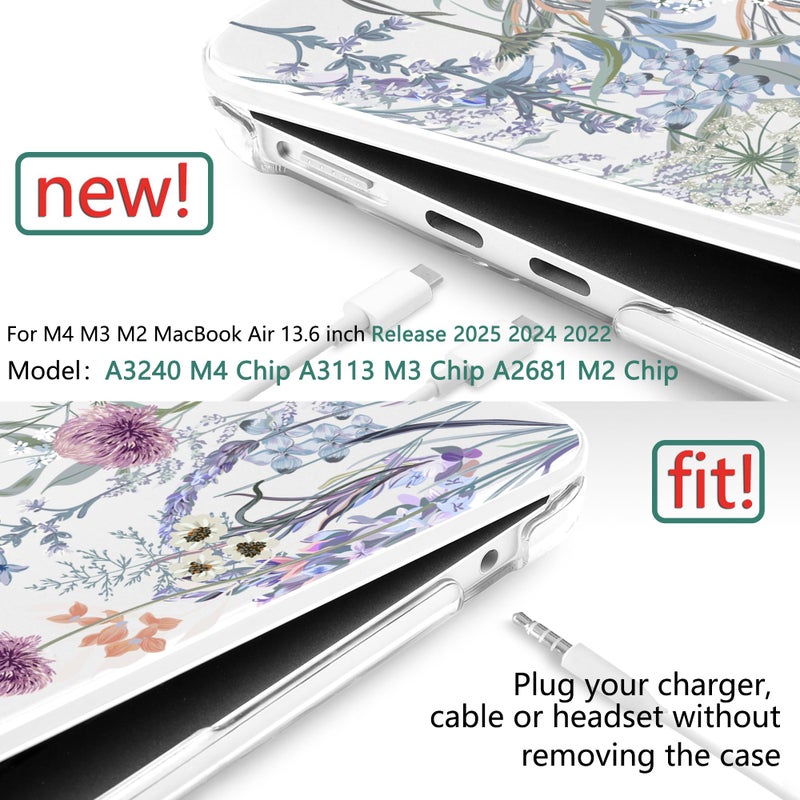 TWOLSKOO for MacBook Air 13 inch Case M4 A3240 M3 A3113 M2 A2681 2025 2024 2022 Plastic Hard Shell, Keyboard Cover, Type C Adapter, Screen Protector for MacBook Air 13.6 inch, Dandelions - Image 3