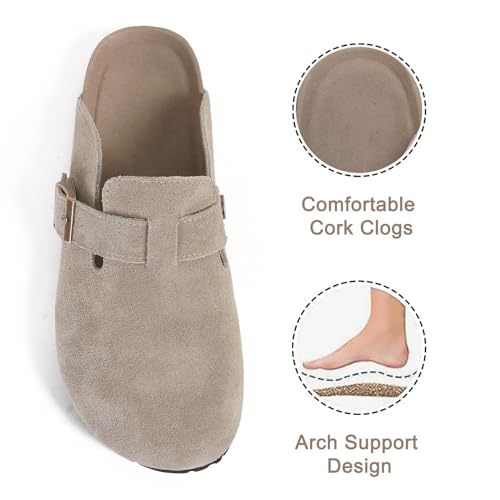 Dumalum Clogs for Women Mens Suede Leather Slip on Shoes Cork Footbed Mules Sandals with Arch Support Unisex Slippers Camel - Image 3
