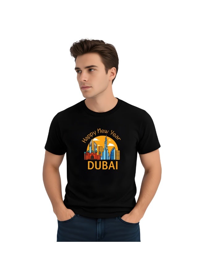 Happy New Year Dubai Adult Mens T-Shirt Round Neck Short Sleeve Cotton T-Shirt-Happy New Year With Dubai Design-Perfect For New Year Party Celebration - Image 3