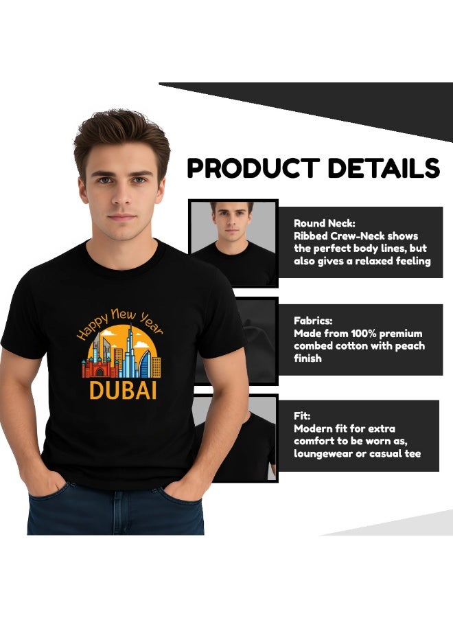Happy New Year Dubai Adult Mens T-Shirt Round Neck Short Sleeve Cotton T-Shirt-Happy New Year With Dubai Design-Perfect For New Year Party Celebration - Image 4
