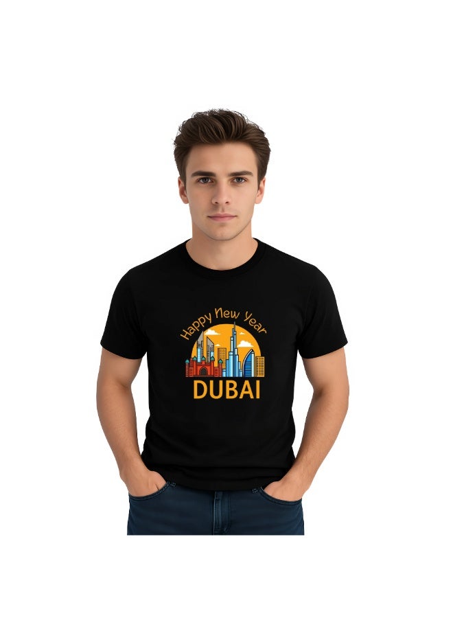 Happy New Year Dubai Adult Mens T-Shirt Round Neck Short Sleeve Cotton T-Shirt-Happy New Year With Dubai Design-Perfect For New Year Party Celebration - Image 1