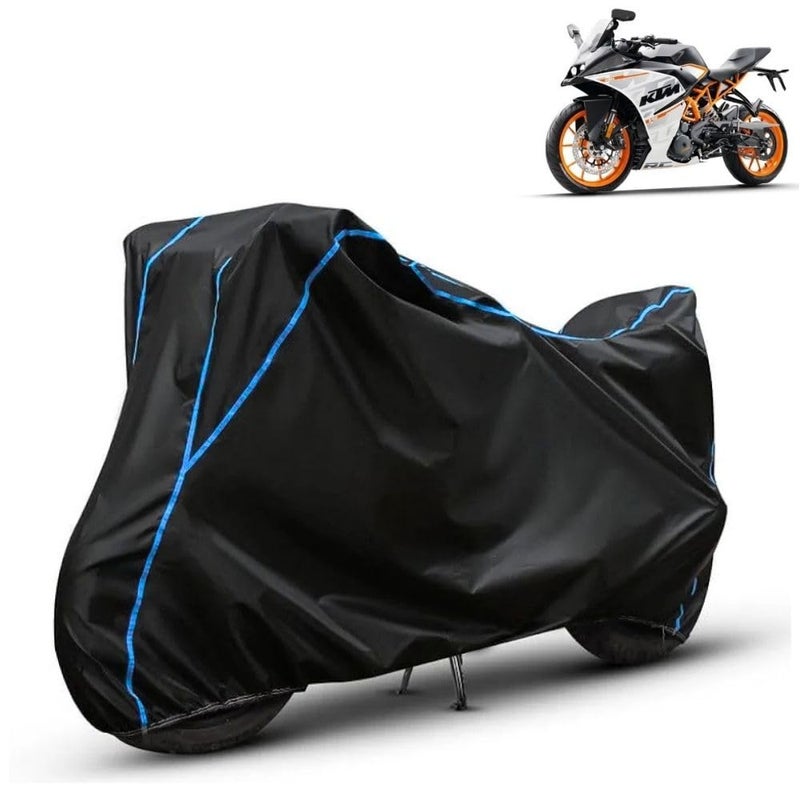 FAVY Water Resistant Bike Cover Compatible with KTM RC 390, Rain, UV, Dust and Scratch Proof, All-Weather Protection Full Body Bike Cover, Black with Blue Piping, Triple Stitched with Elastic Bottom - Image 1