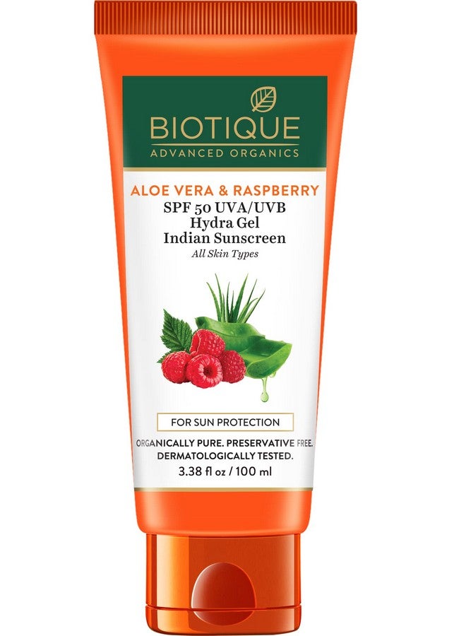 Biotique Men & Women Aloe Vera & Raspberry Spf 50 Non Sticky Hydra Gel Sunscreen For All Skin Types For Indian Skin Protects From Uva & Uvb Rays & 100G Pack Of 1 - Image 1