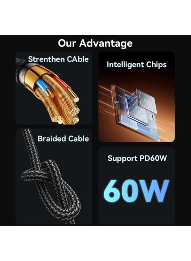 يسيدو كابل شحن وبيانات Yesido CA190، USB-C / Type-C إلى Type-C، 60 واط، 3 أمبير، الطول: 1.2 متر (أسود) - Image 4