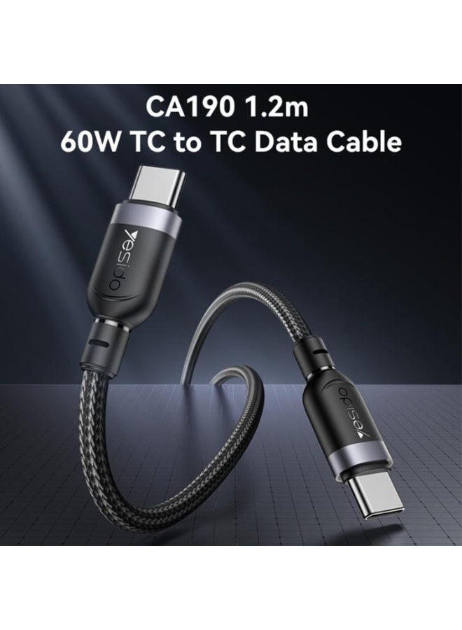 يسيدو كابل شحن وبيانات Yesido CA190، USB-C / Type-C إلى Type-C، 60 واط، 3 أمبير، الطول: 1.2 متر (أسود) - Image 3