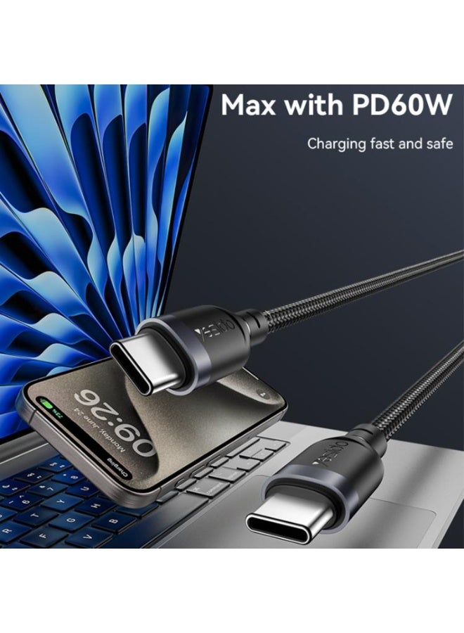 يسيدو كابل شحن وبيانات Yesido CA190، USB-C / Type-C إلى Type-C، 60 واط، 3 أمبير، الطول: 1.2 متر (أسود) - Image 5