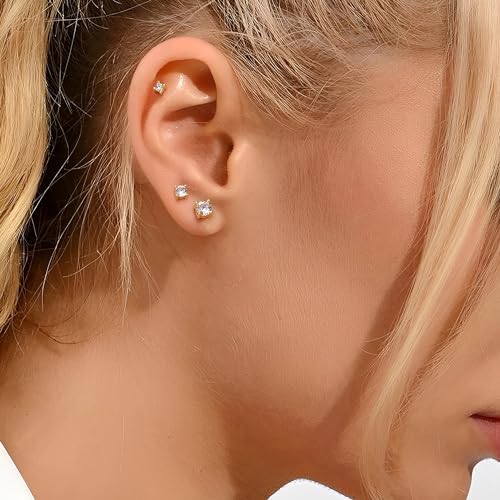 Krfy 3 Pairs 14K Gold Plated Stud Earrings for Women - Small Hypoallergenic 925 Sterling Silver Post Dainty Cartilage Earring Tragus Earrings Stacks Ear Set for Multiple Piercing - Image 5