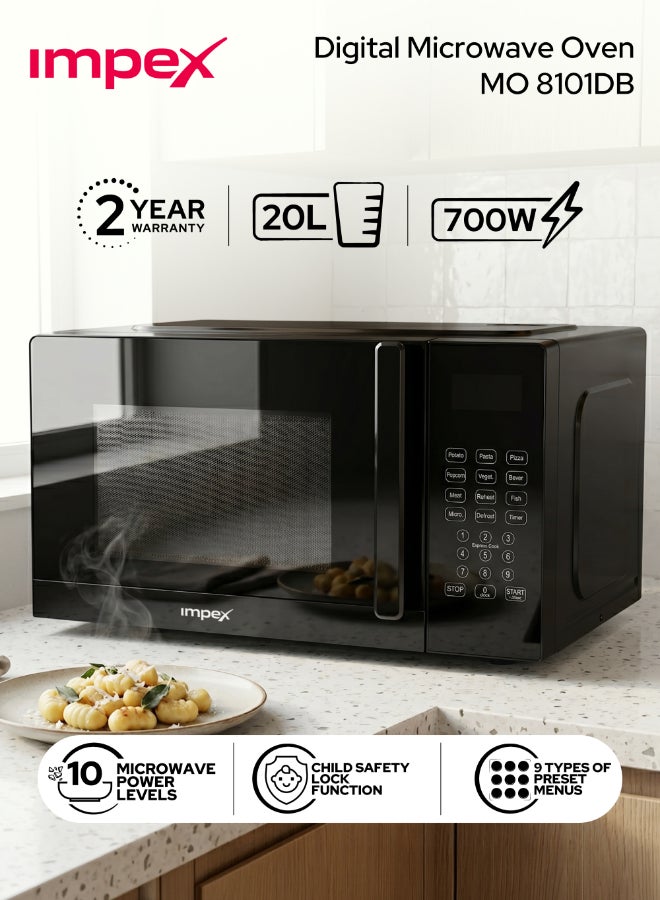 Impex 20L Digital Microwave Oven (MO 8101ADB) | 700W Power | 8 Preset Menus | 10 Power Levels | Child Safety Lock | Defrost Function | 99-Min Timer | Push Button Door | 255mm Glass Turntable | 2-Year Warranty | Compact & Efficient Kitchen Appliance 20 L 700 W MO 8101ADB Black 20 L 700 W MO 8101ADB Black - Image 1
