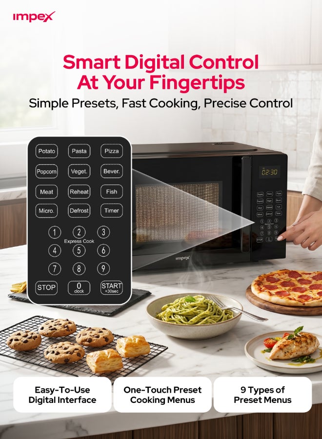 Impex 20L Digital Microwave Oven (MO 8101ADB) | 700W Power | 8 Preset Menus | 10 Power Levels | Child Safety Lock | Defrost Function | 99-Min Timer | Push Button Door | 255mm Glass Turntable | 2-Year Warranty | Compact & Efficient Kitchen Appliance 20 L 700 W MO 8101ADB Black 20 L 700 W MO 8101ADB Black - Image 2