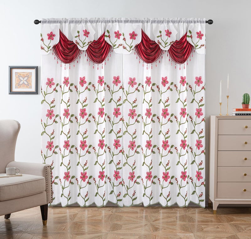 Petrichor Embroidered Sheer Curtain 2 Panels Set - Luxury Window Curtain Attached Valance with Satin Backing and 2 Tie Backs for Living Room,Dining Room, 54x63 inches, Burgundy - Image 2