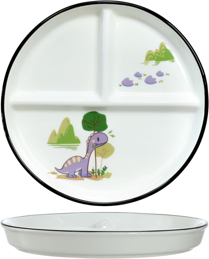 SOCOSY Dinosaur Ceramic 3Compartment Portion Control Plate Divided Dish Platters Divided Dessert  Salad Dinner Snack Dishes Appetizer Serving Trays 1 PCSDinosaurPurple8 Inch - Image 1