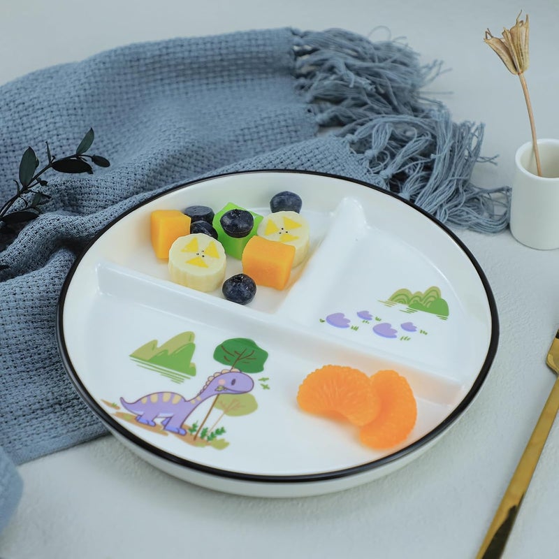 SOCOSY Dinosaur Ceramic 3Compartment Portion Control Plate Divided Dish Platters Divided Dessert  Salad Dinner Snack Dishes Appetizer Serving Trays 1 PCSDinosaurPurple8 Inch - Image 3