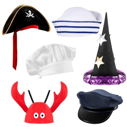 Hercicy 6 Pcs Kids Dress up Hats for Role Play Costume Hats Photo Booth CAPS for Cosplay Party Chef Police Firemen Wizard Pirate Lobster - Image 1