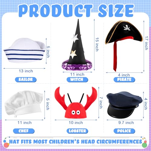Hercicy 6 Pcs Kids Dress up Hats for Role Play Costume Hats Photo Booth CAPS for Cosplay Party Chef Police Firemen Wizard Pirate Lobster - Image 5