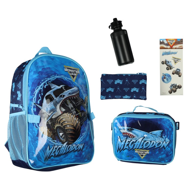 INTIMO Monster Jam Megalodon 5Piece Backpack Mega Set with Detachable Lunch box Water Bottle Pencil Case and Stickers Set - Image 2