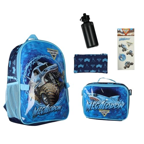 INTIMO Monster Jam Megalodon 5Piece Backpack Mega Set with Detachable Lunch box Water Bottle Pencil Case and Stickers Set - Image 1