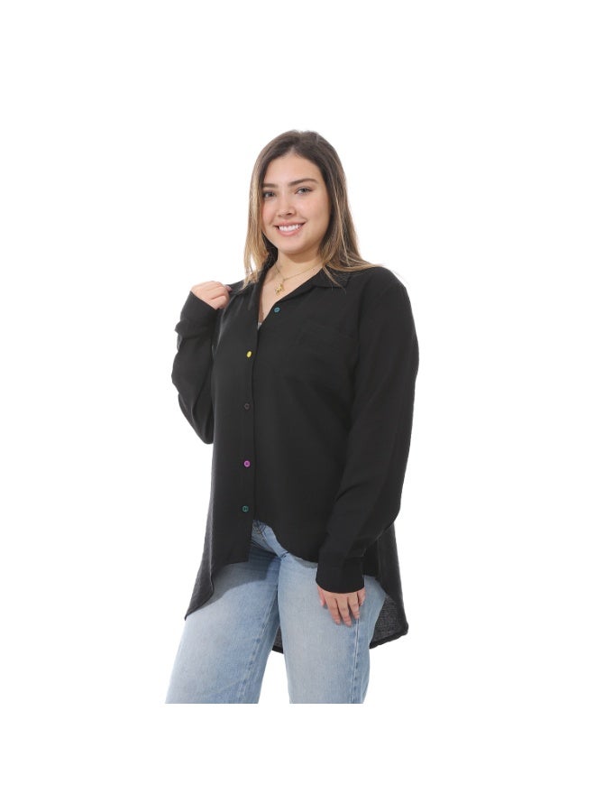 Caesar Women's linen blouse with a round back and colorful buttons - Image 3